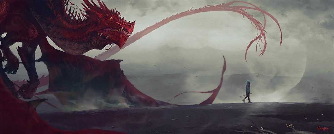 Red dragon slowly flying behind a woman