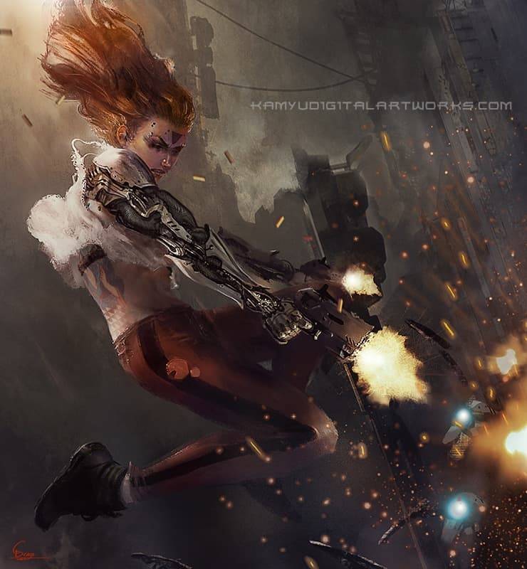 Cyborg woman jumping illustration