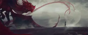 Red dragon slowly flying behind a woman